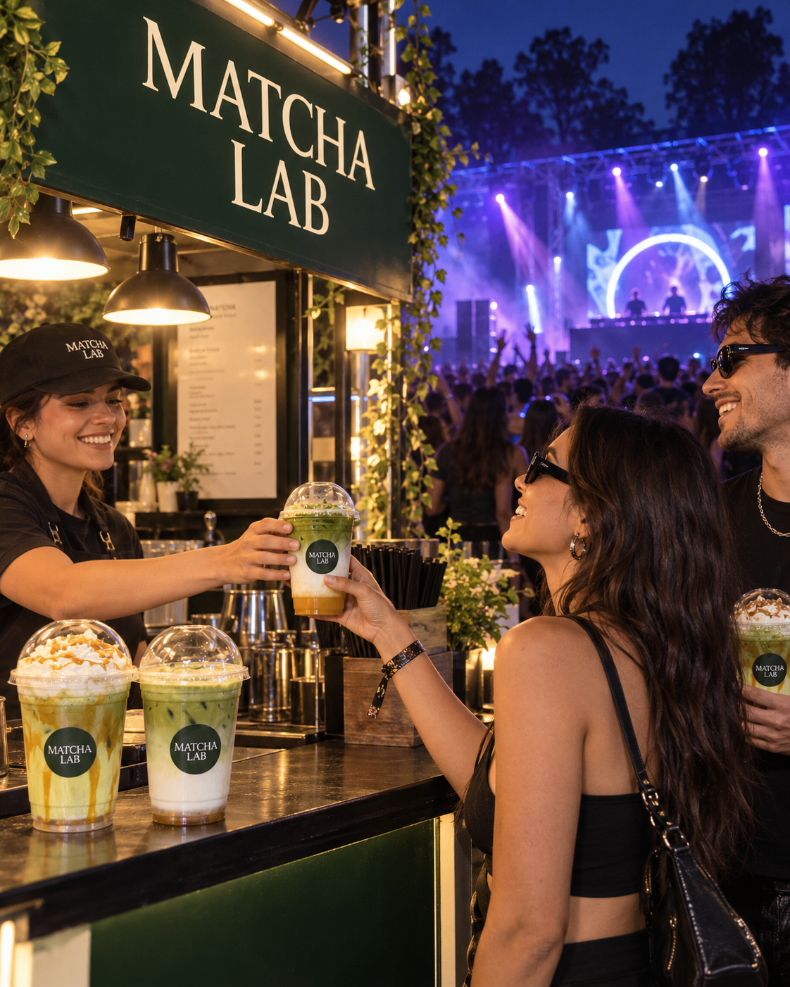 Barra de matcha en festival nocturno