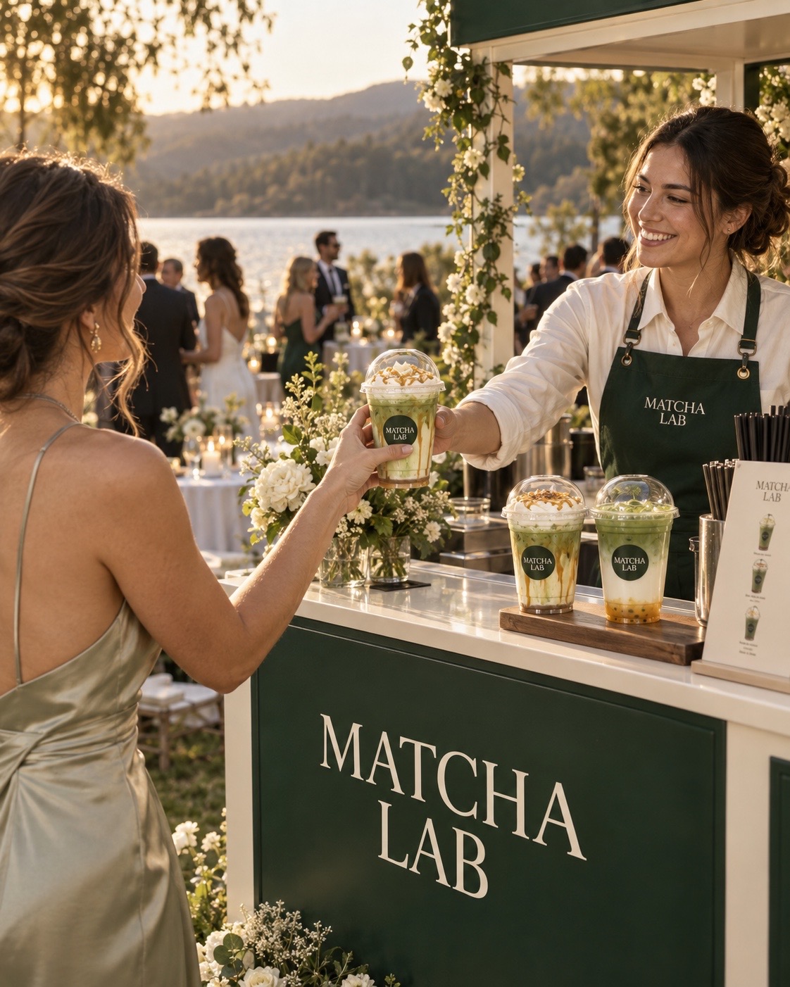 Barra de matcha ceremonial en un evento al aire libre junto al lago