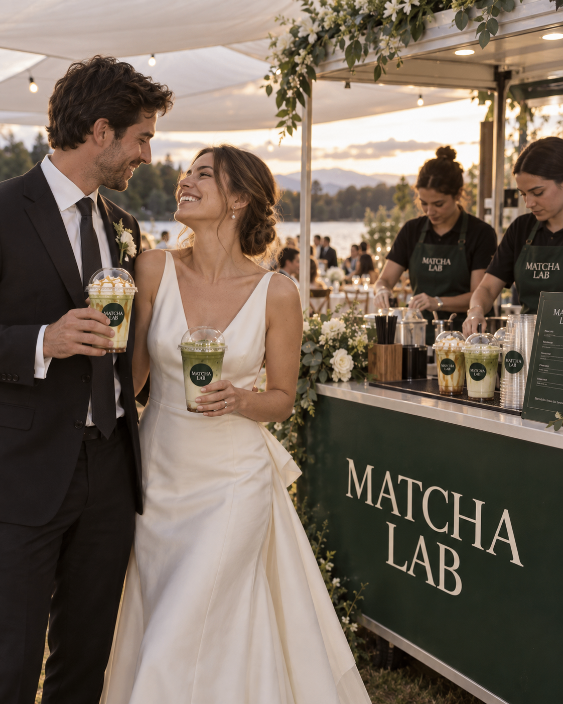 Barra de matcha ceremonial en matrimonio al aire libre