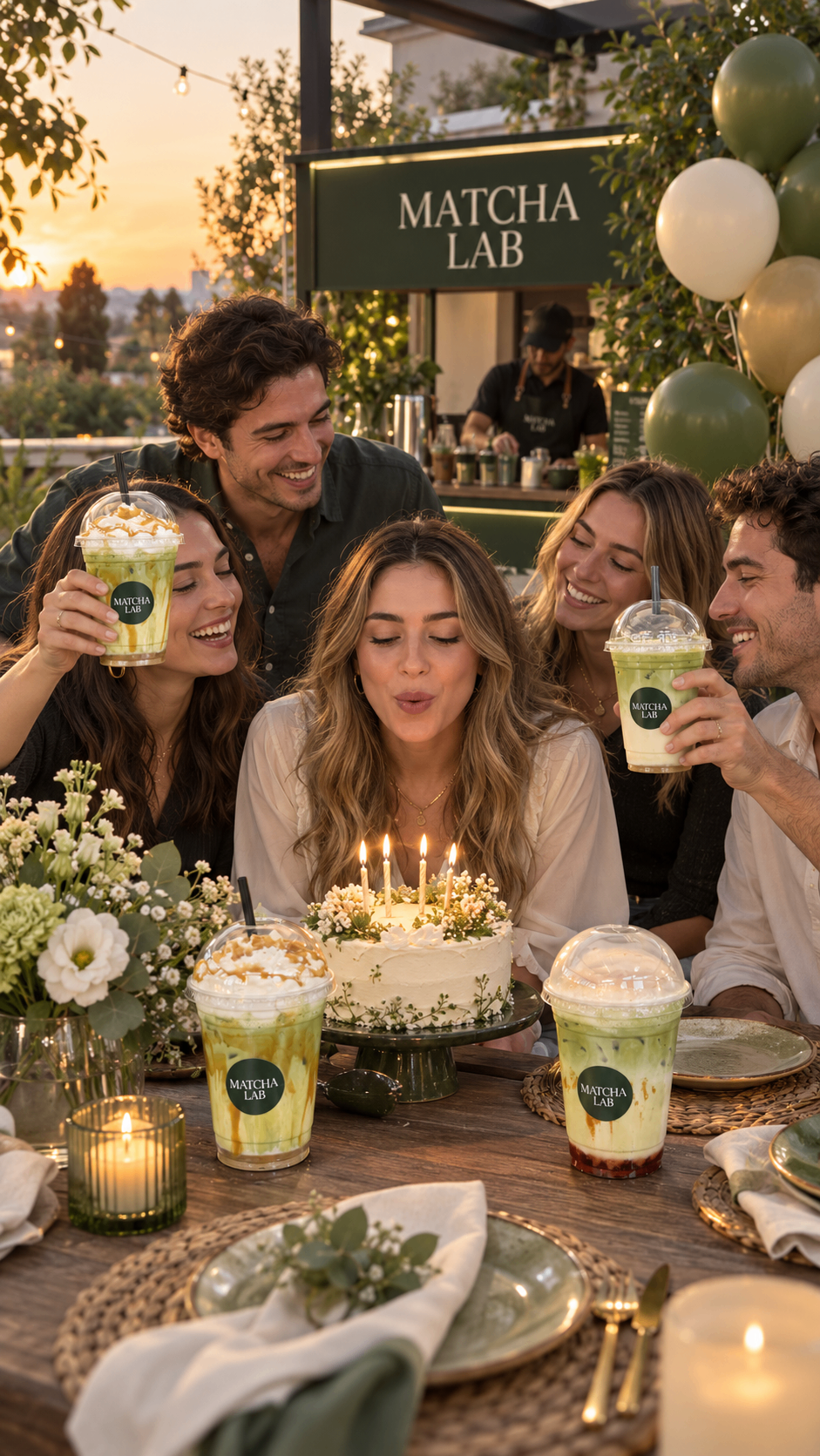 Celebración de cumpleaños con barra de matcha